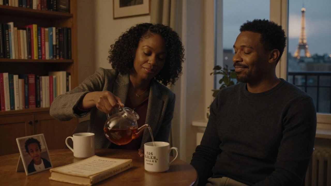 A Nigerian woman pours tea for a client in a cozy Paris apartment, surrounded by books and warm lamplight.