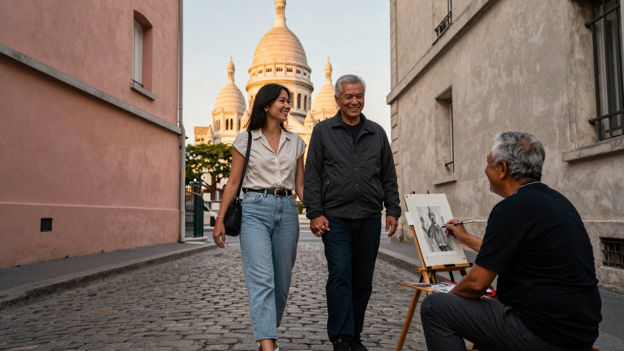 A woman from the Philippines and an older man laugh together in Montmartre during golden hour, walking past a street artist.