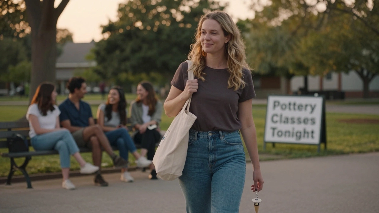 A woman walking in a park at sunset, carrying pottery supplies, looking peacefully free.