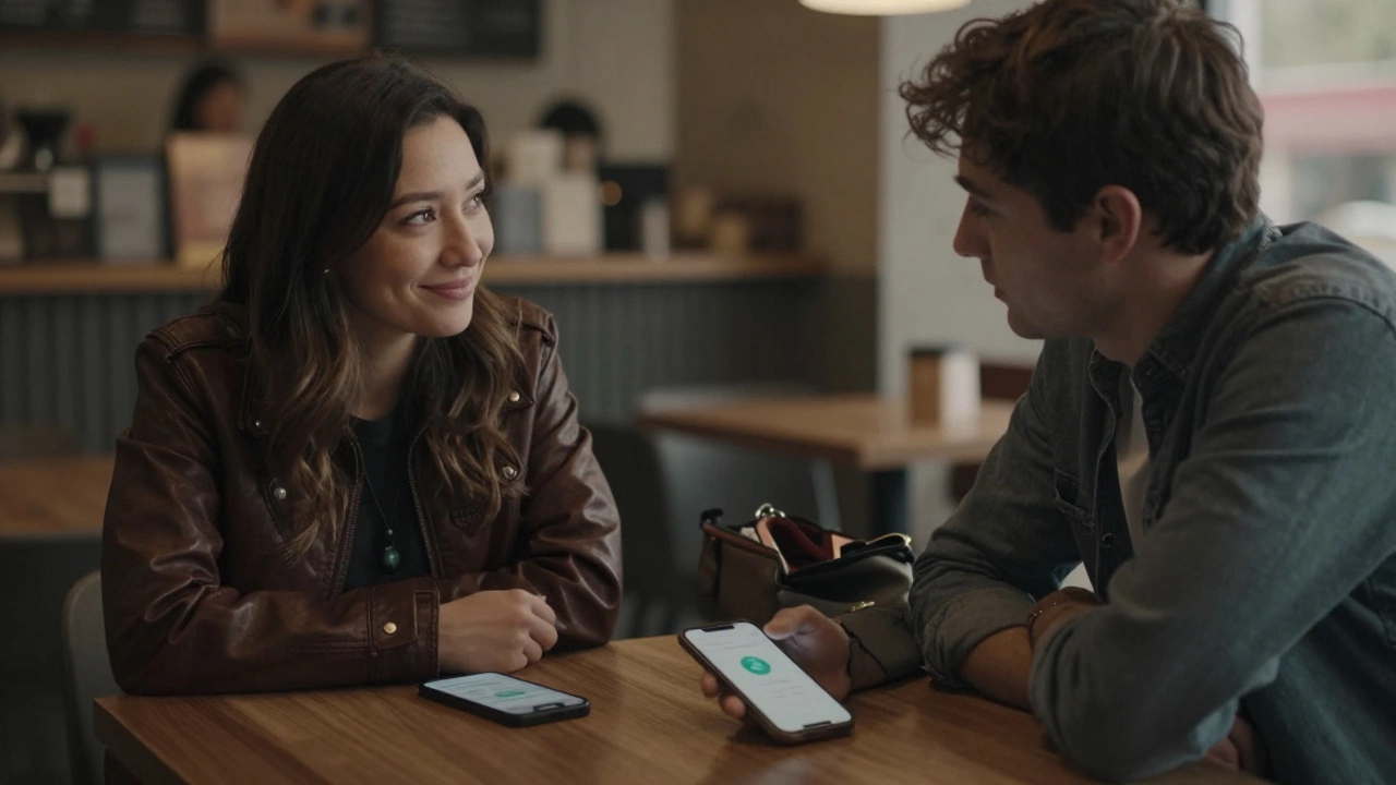 Two people in a café, one with a hidden phone, sharing a thoughtful moment over coffee.